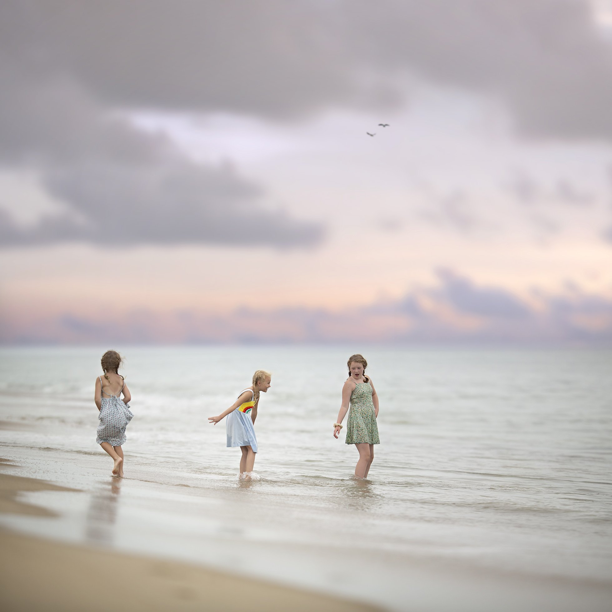 Beach Photography - Three little girls splashing in the waves